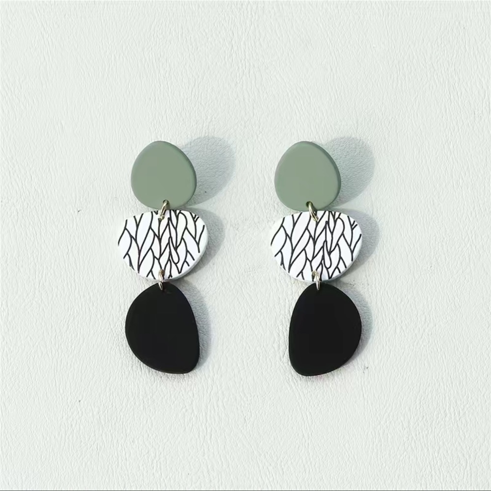 Leaf Pattern Sage Black Abstract Shaped 3 Tiered Dangle Elegant Acrylic Earrings